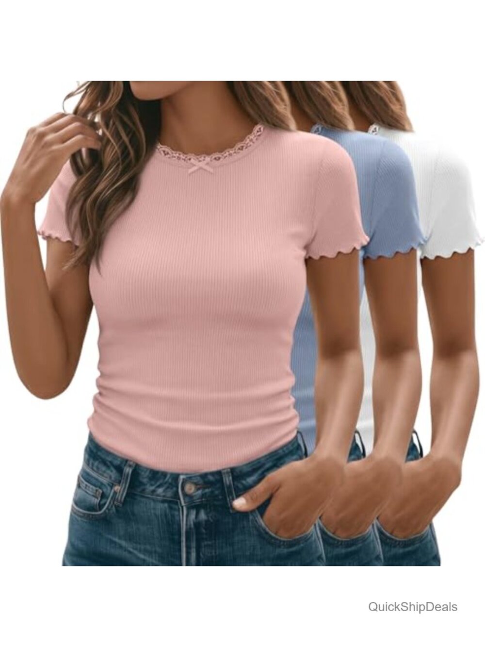 Lettuce Trim Short Sleeve Ribbed Slim Fit Crew Neck Bow Knot Tops